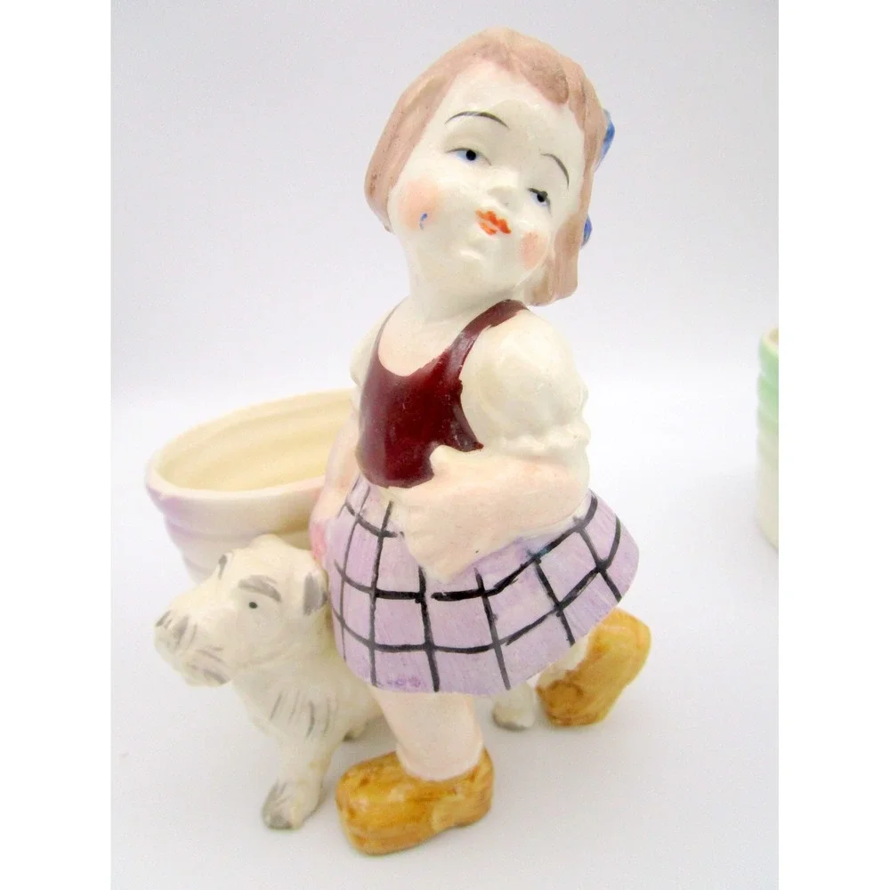 Pair of Vintage Made in Japan Planters Boy Girl Children with White Terrier Dog